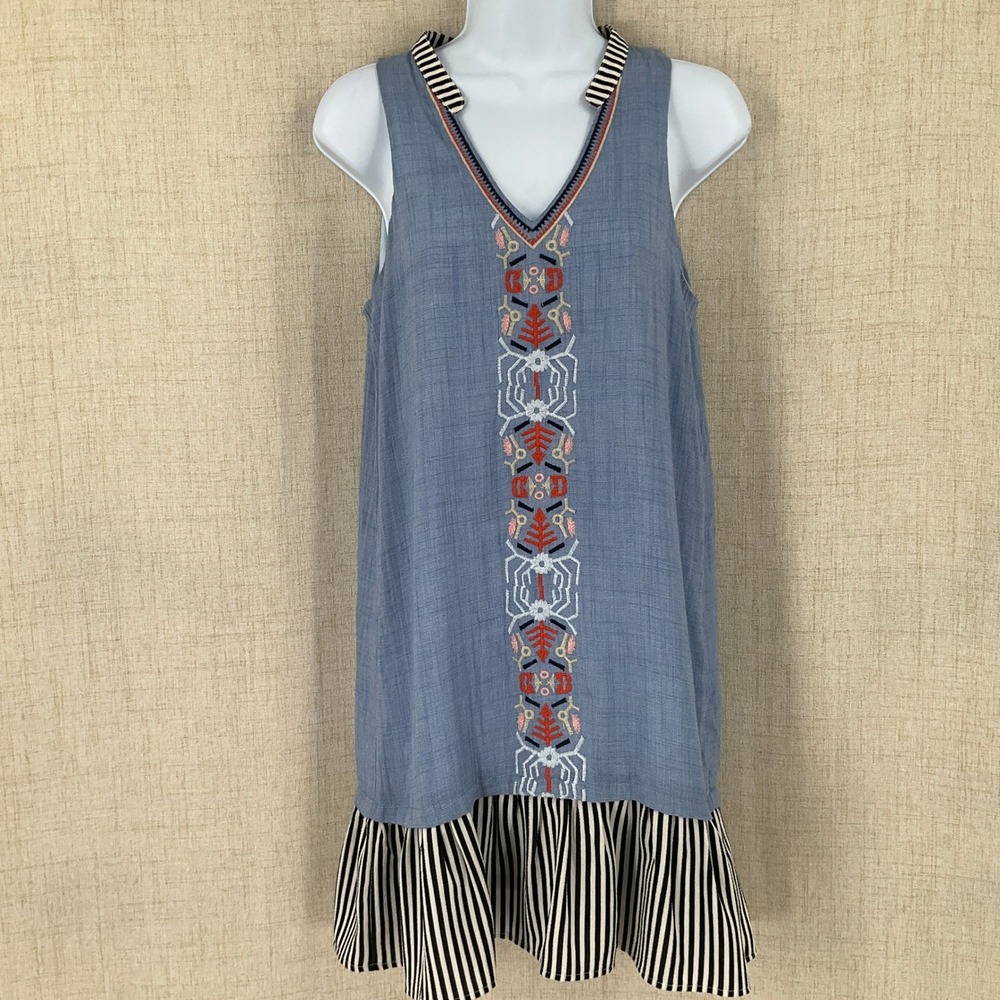 THML Shift Dress Sz XS Blue Embroidered Striped Ruffle Hem Boho Artisan Nautical